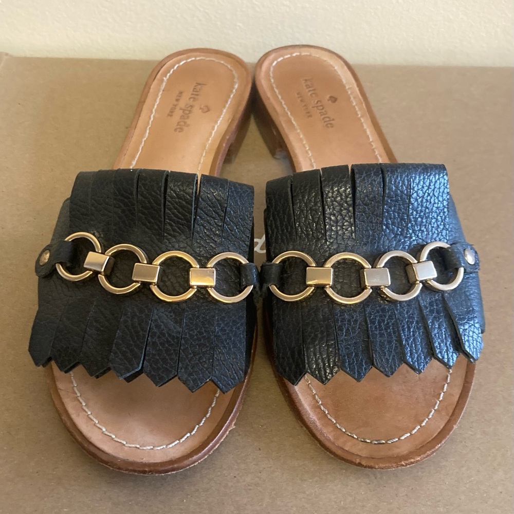 Kate Spade Beau Black Leather Sandal w/ Gold Buckle